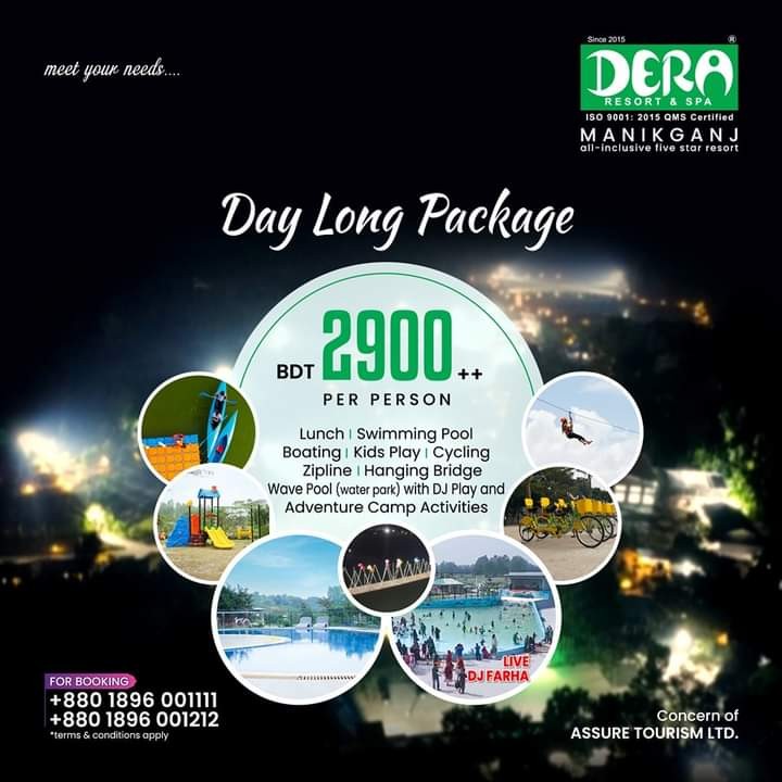 Experience a day of nonstop enjoyment at DERA Resort & Spa in Manikganj! Indulge in a lunch buffet, swimming, boating, cycling, ziplining, and more. Book now!